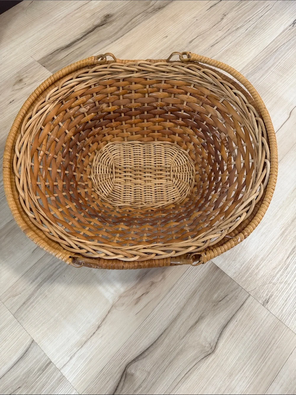 Vintage Large Woven Rattan Basket Double Handles Pedestal Boho Farmhouse Décor